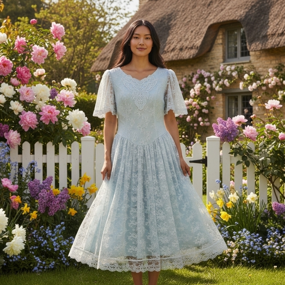 Vintage 1970s Gunne Sax Ice Blue/White Lace Dress